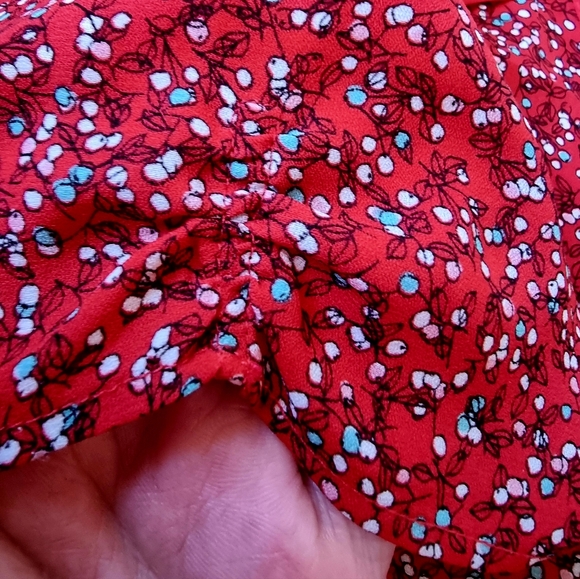 Max Studio Red White & Turquoise Button Down V Neck Flowy Blouse - Picture 7 of 10